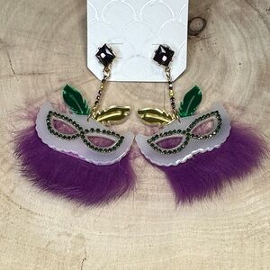 Mardi Gras Gold Purple Feather Mask Rhinestone Earrings NEW